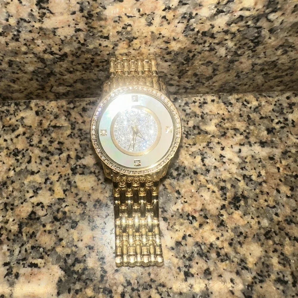 VTG Fossil F2 Watch Womens Gold Tone Crystal MOP Dial Quartz ES-1699‎ W Tin Box